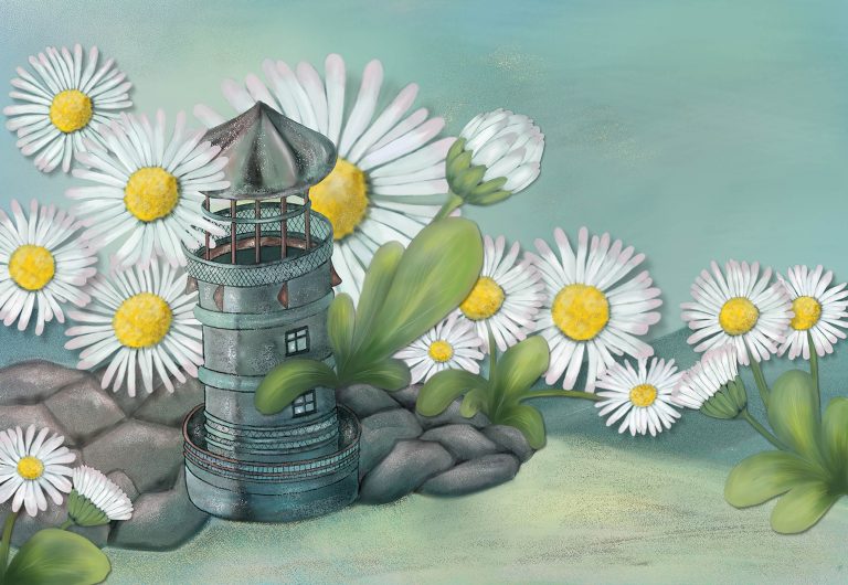 Leuchtturm, gemalt mit Gänseblümchen, Angela Slama
